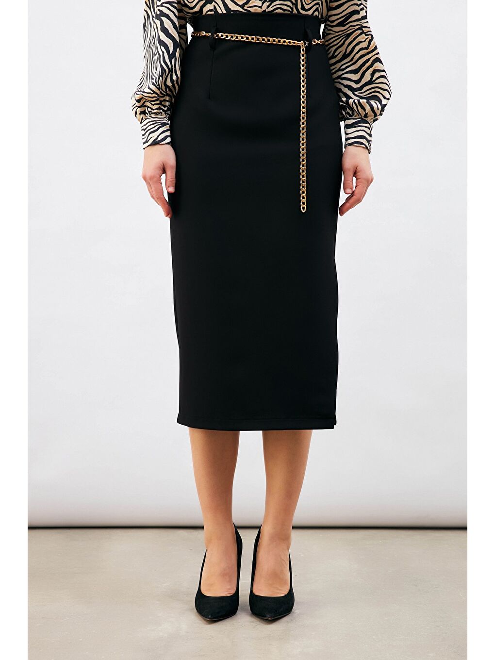 Zincir Kemerli Kalem Etek - Siyah-2