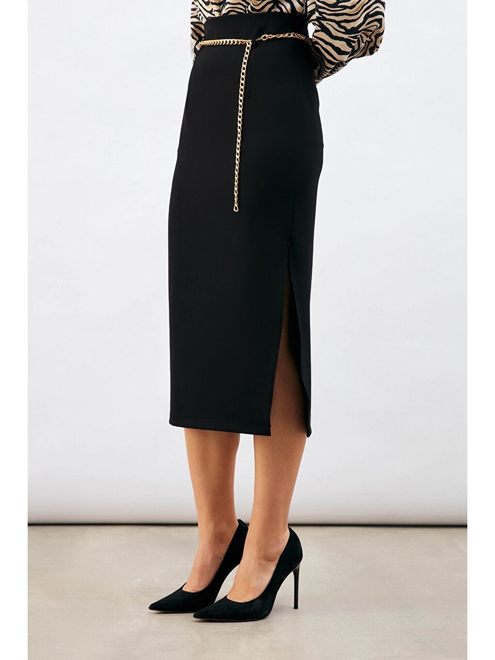 Zincir Kemerli Kalem Etek - Siyah-3