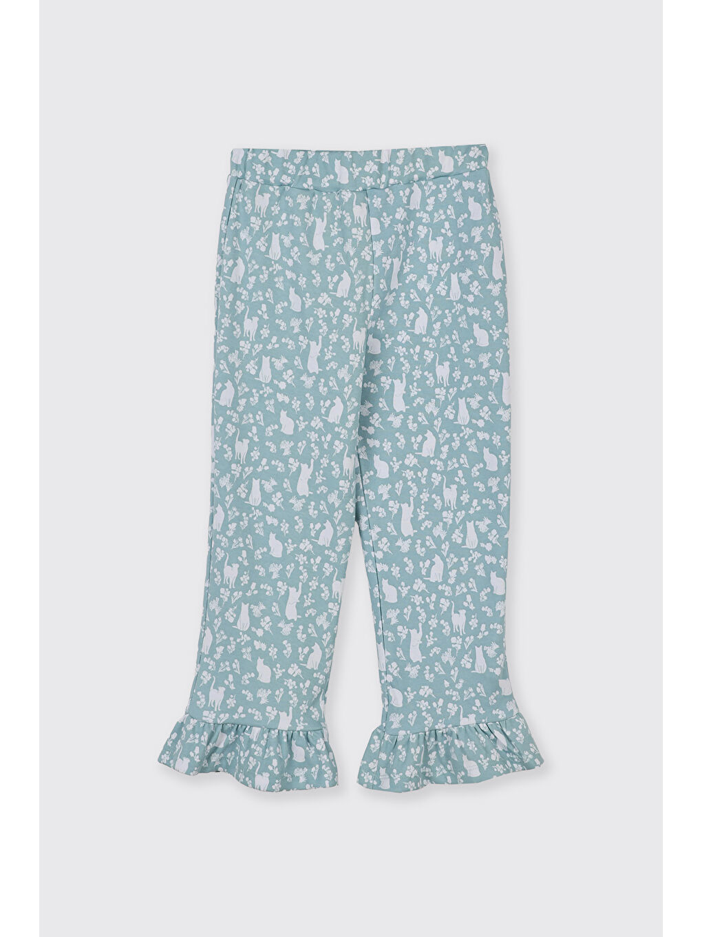 Kız Çocuk Kolları Fırfır Detaylı Kedi Desenli Beli Lastikli Mavi Pijama Takımı-1