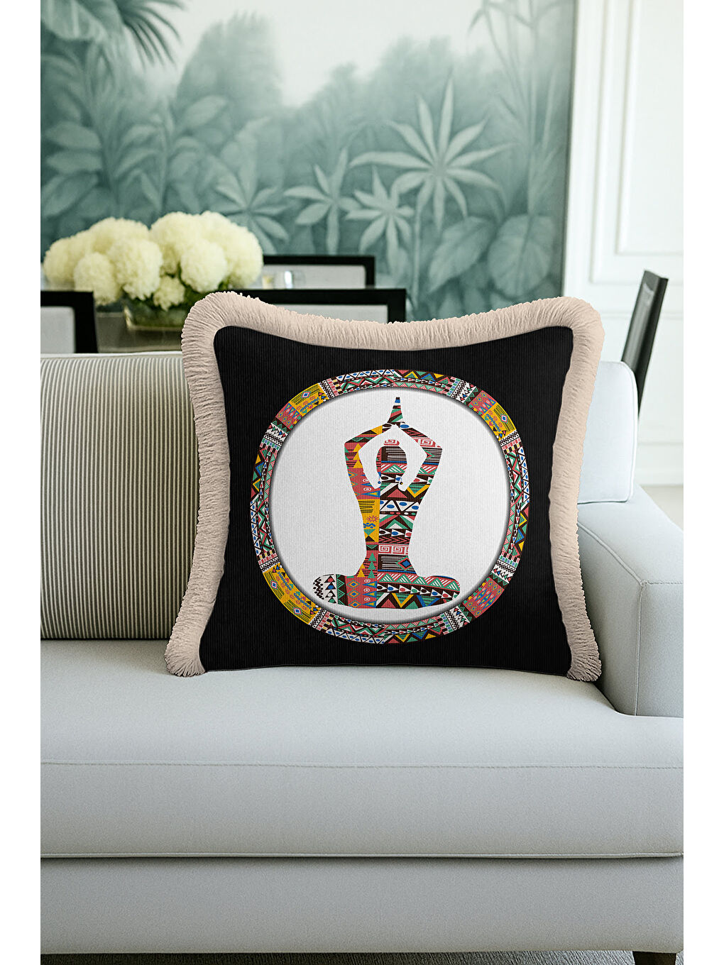 Karışık Etnik Geometrik Saçaklı Yastık Kılıfı - Boho Spirit Meditasyon Siyah Renkli Püsküllü Kırlent Kılıfı