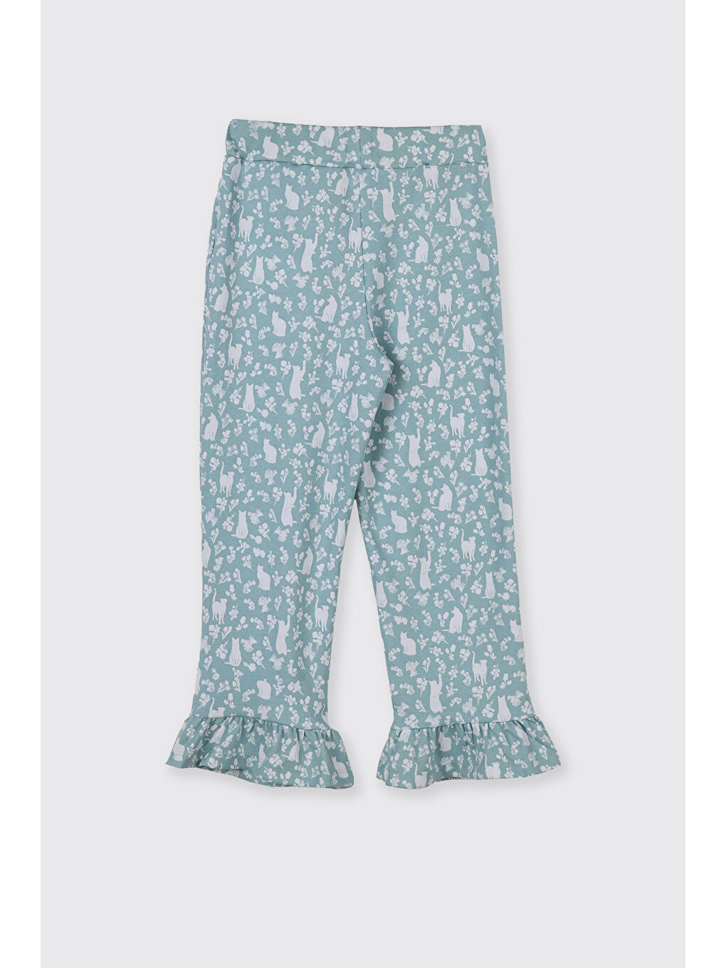 Kız Çocuk Kolları Fırfır Detaylı Kedi Desenli Beli Lastikli Mavi Pijama Takımı-2