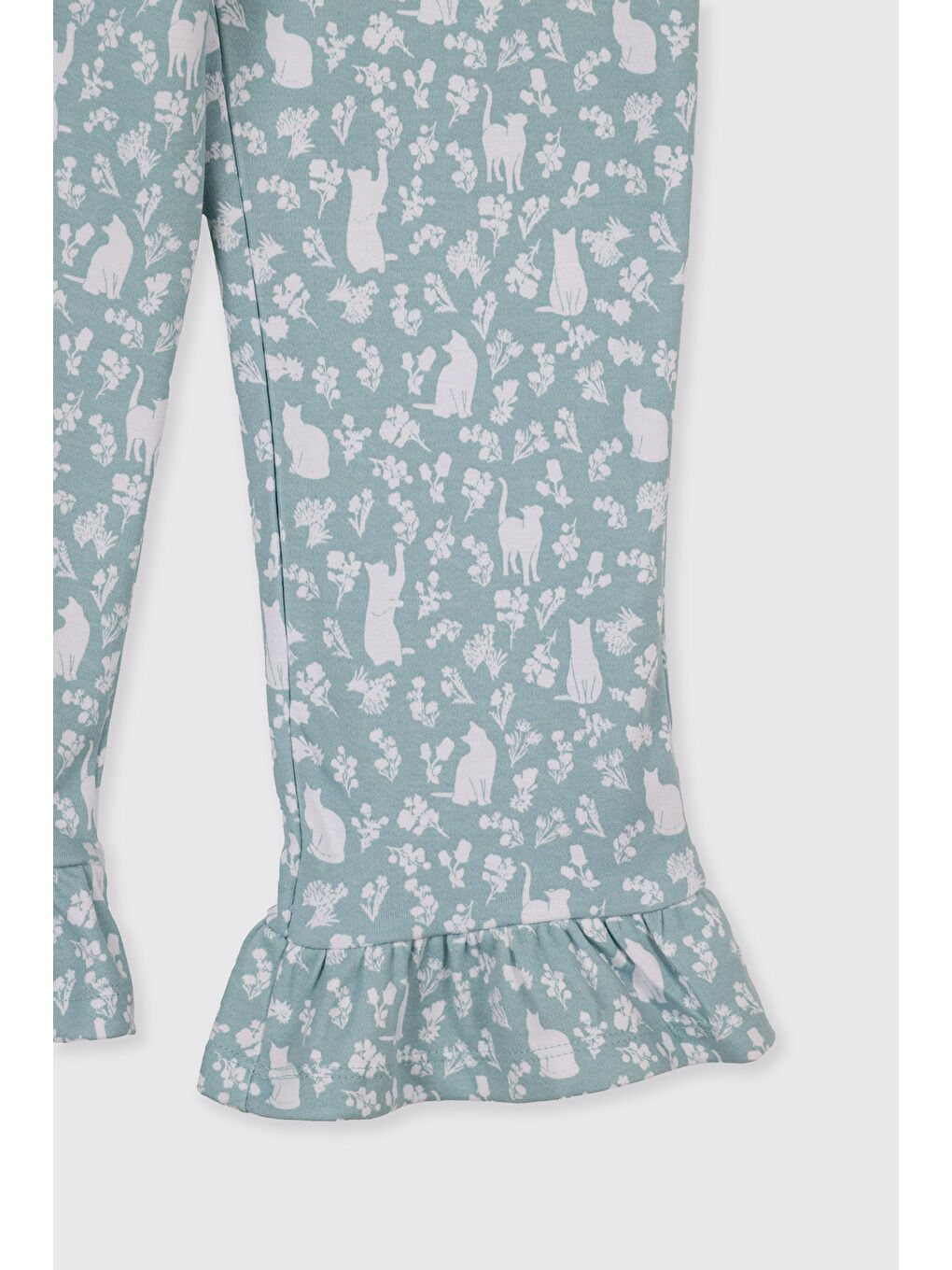Kız Çocuk Kolları Fırfır Detaylı Kedi Desenli Beli Lastikli Mavi Pijama Takımı-3