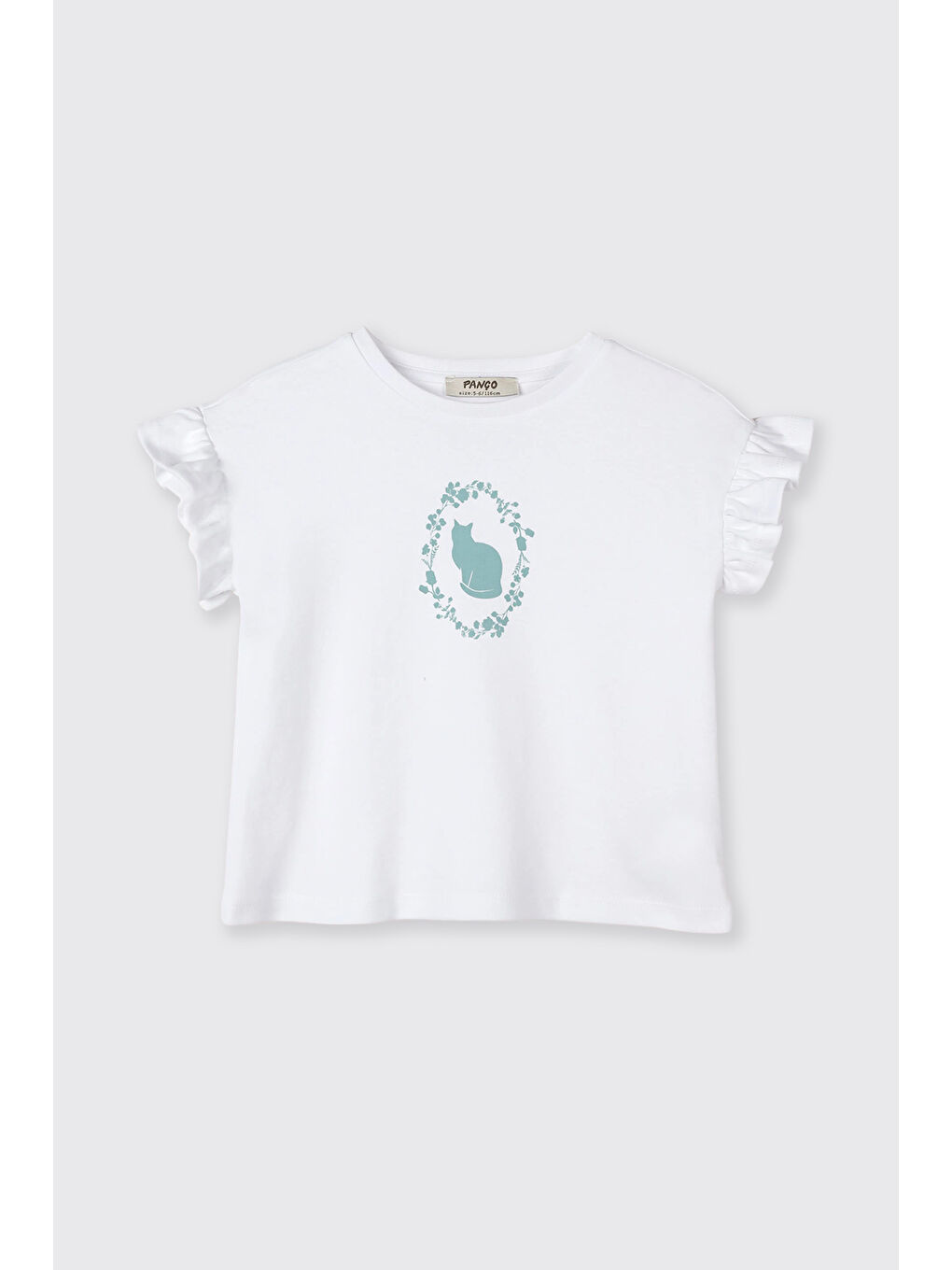 Kız Çocuk Kolları Fırfır Detaylı Kedi Desenli Beli Lastikli Mavi Pijama Takımı-4