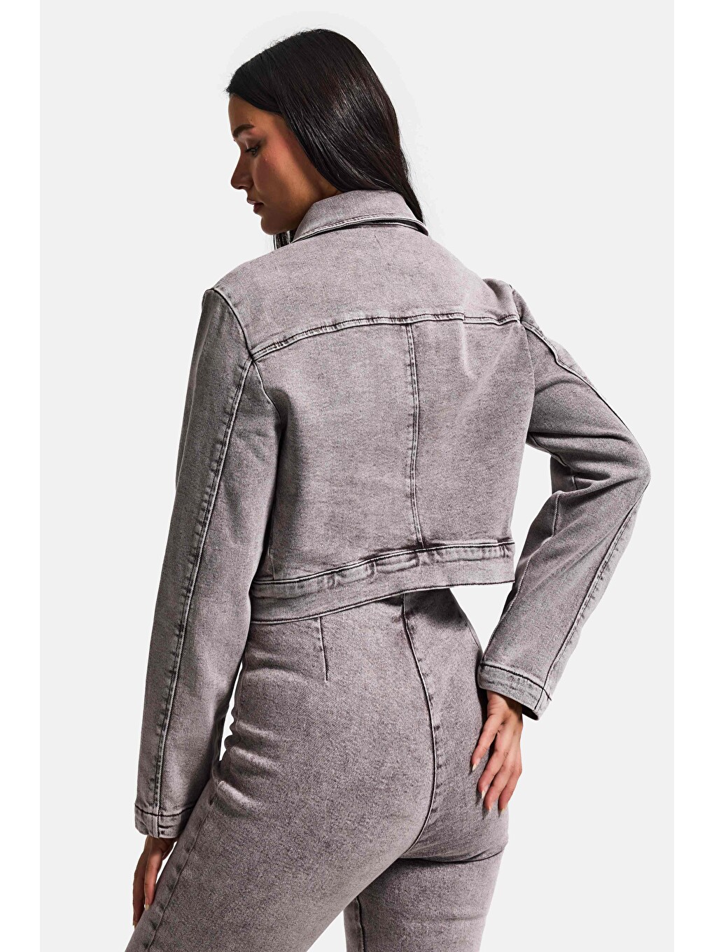 Kadın Gri 3s6-158 Crop Fit Esnek Kumaş Düğmeli Denim Ceket-1
