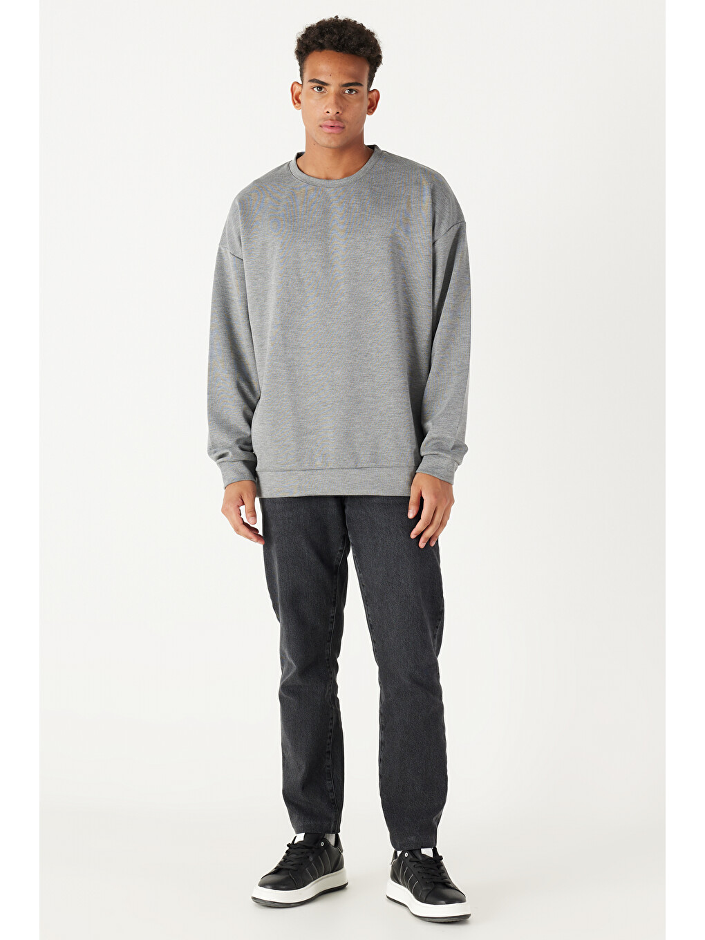 Erkek Gri Melanj Oversize Bol Kesim Bisiklet Yaka Düz Sweatshirt-2