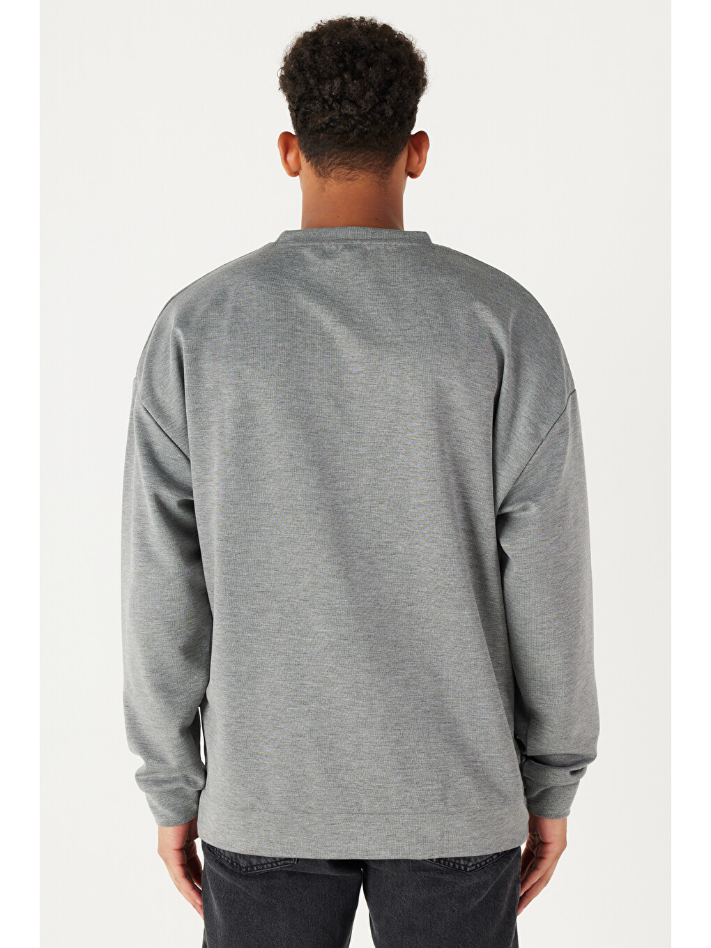 Erkek Gri Melanj Oversize Bol Kesim Bisiklet Yaka Düz Sweatshirt-4