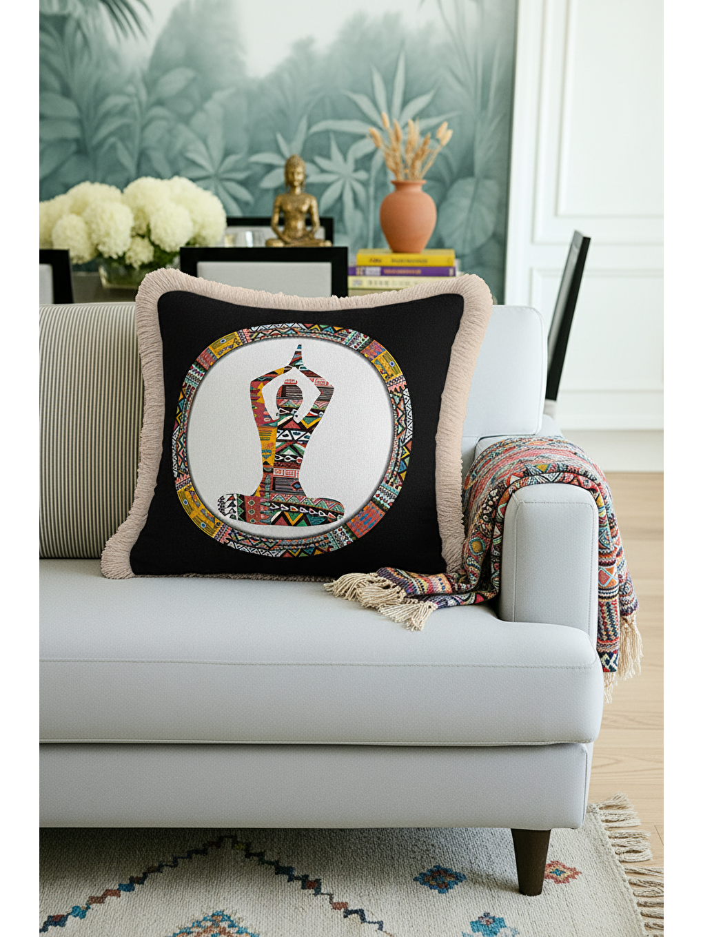 Karışık Etnik Geometrik Saçaklı Yastık Kılıfı - Boho Spirit Meditasyon Siyah Renkli Püsküllü Kırlent Kılıfı-2