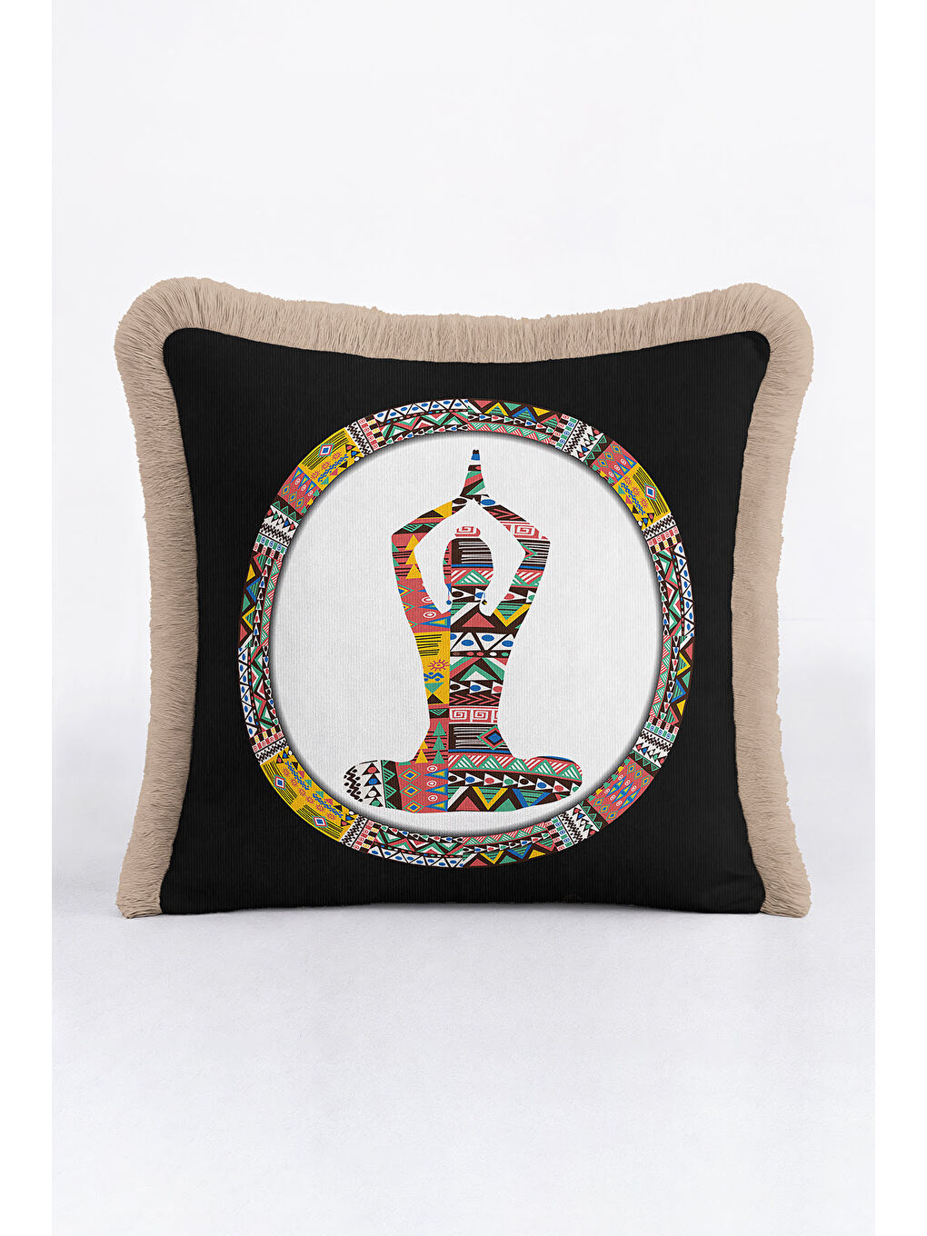 Karışık Etnik Geometrik Saçaklı Yastık Kılıfı - Boho Spirit Meditasyon Siyah Renkli Püsküllü Kırlent Kılıfı-3