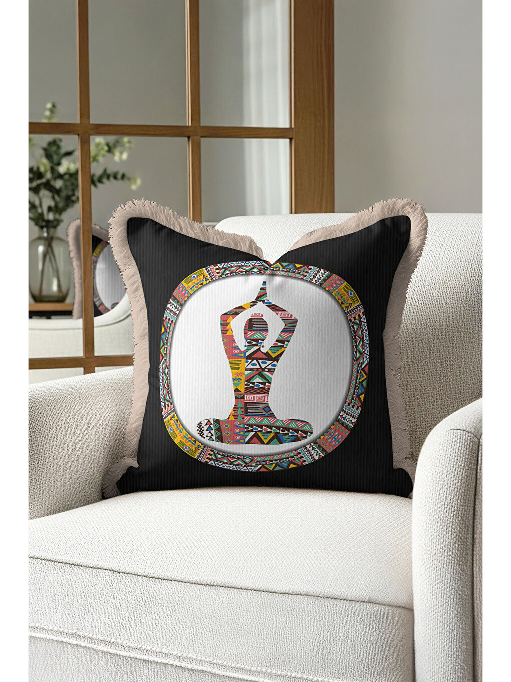 Karışık Etnik Geometrik Saçaklı Yastık Kılıfı - Boho Spirit Meditasyon Siyah Renkli Püsküllü Kırlent Kılıfı-4