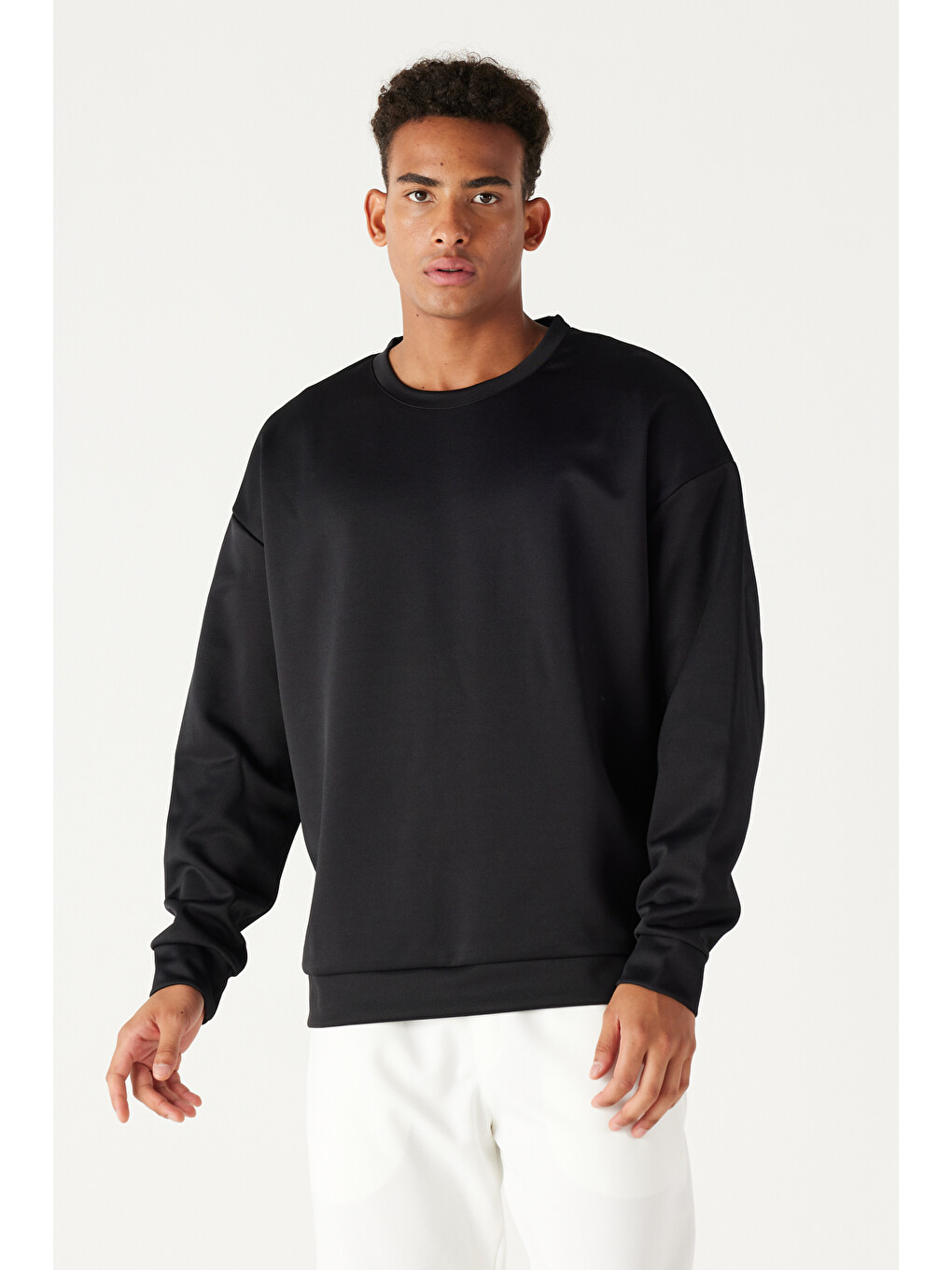 Erkek Siyah Oversize Bol Kesim Bisiklet Yaka Düz Sweatshirt-2