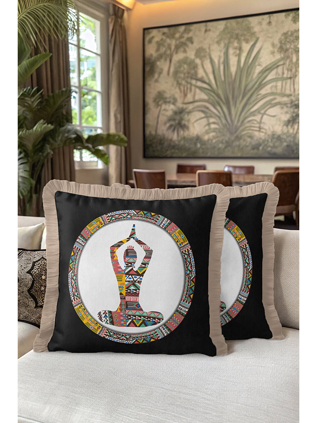 Karışık Etnik Geometrik Saçaklı Yastık Kılıfı - Boho Spirit Meditasyon Siyah Renkli Püsküllü Kırlent Kılıfı-5