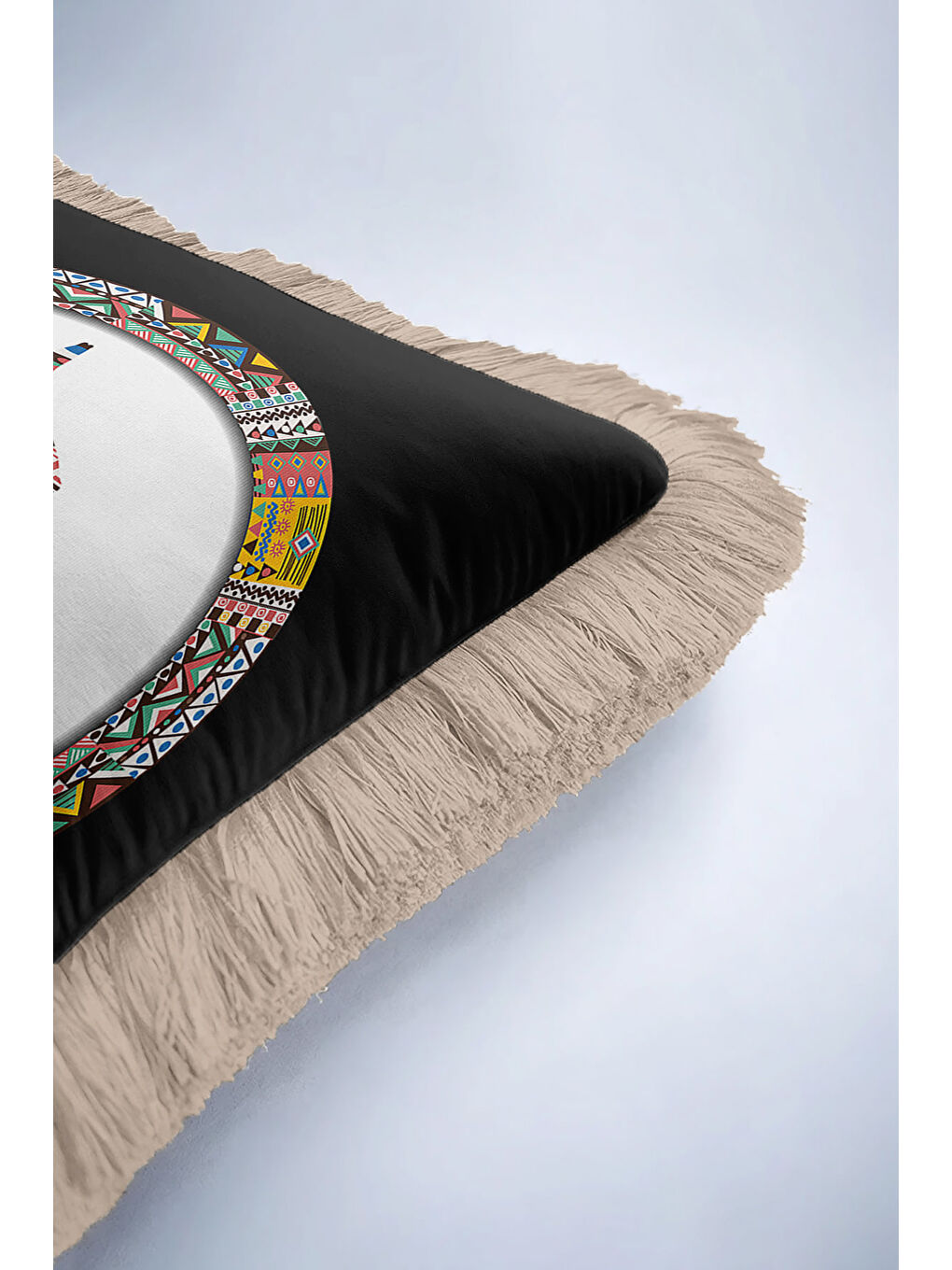 Karışık Etnik Geometrik Saçaklı Yastık Kılıfı - Boho Spirit Meditasyon Siyah Renkli Püsküllü Kırlent Kılıfı-6