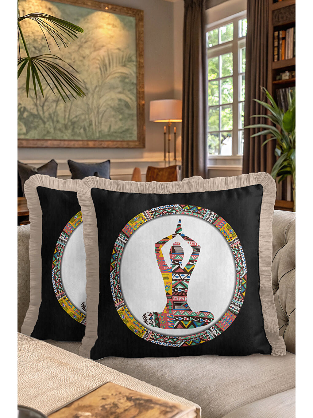 Karışık Etnik Geometrik Saçaklı Yastık Kılıfı - Boho Spirit Meditasyon Siyah Renkli Püsküllü Kırlent Kılıfı-7