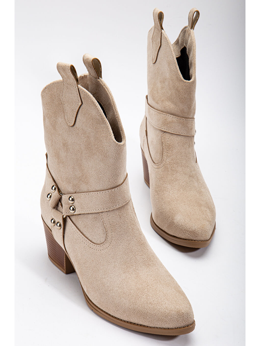 Bej Kadın Ten Süet Termo Taban Sivri Burunlu Western Kovboy Bot-1