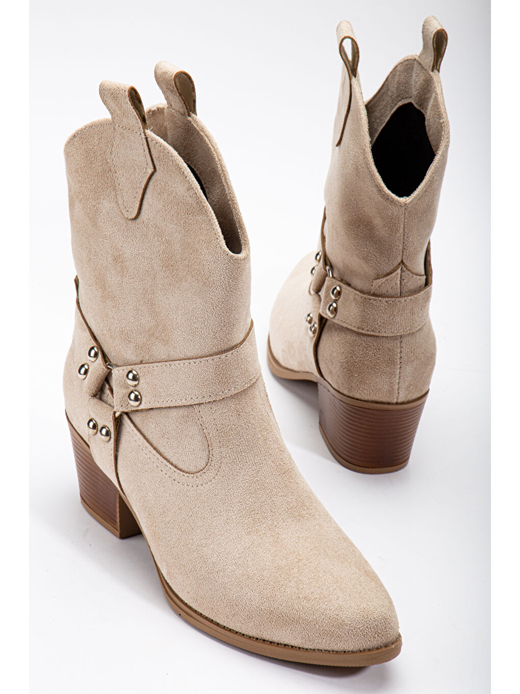 Bej Kadın Ten Süet Termo Taban Sivri Burunlu Western Kovboy Bot-2