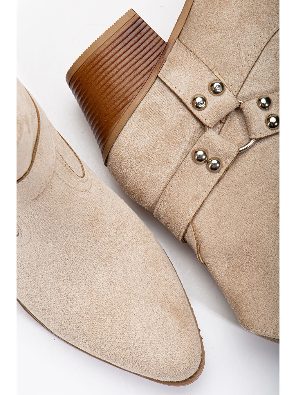 Bej Kadın Ten Süet Termo Taban Sivri Burunlu Western Kovboy Bot-3