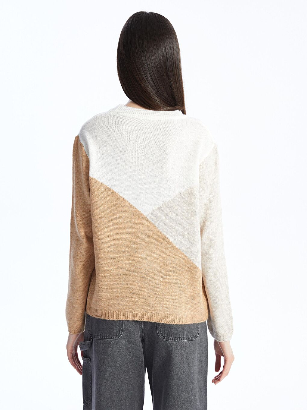 Beyaz Renk Bloklu Kadın Örme Kazak Bgt05-3