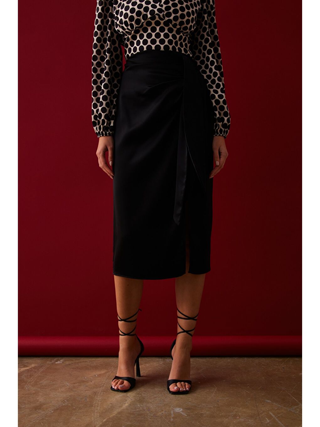 Bağlamalı Saten Etek - Siyah-2