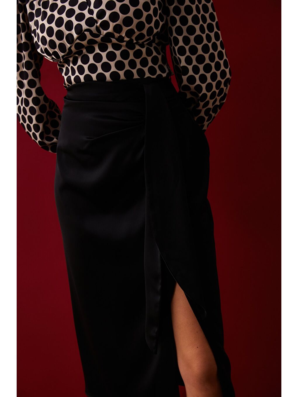 Bağlamalı Saten Etek - Siyah-3