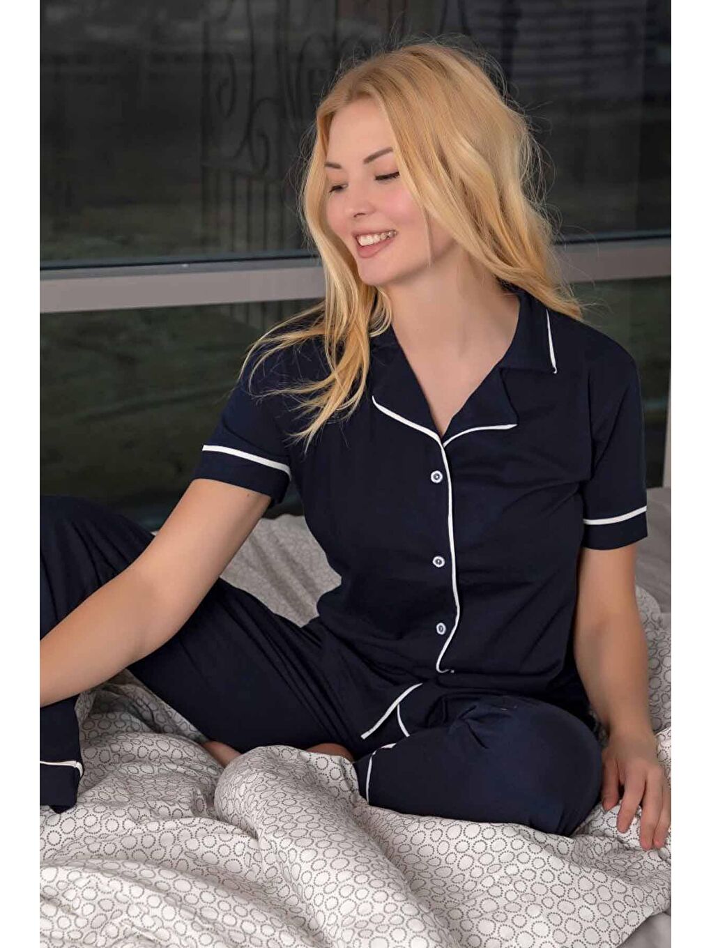 Lacivert Kısa Kollu Pamuklu Düğmeli Biyeli Pijama Takım-1