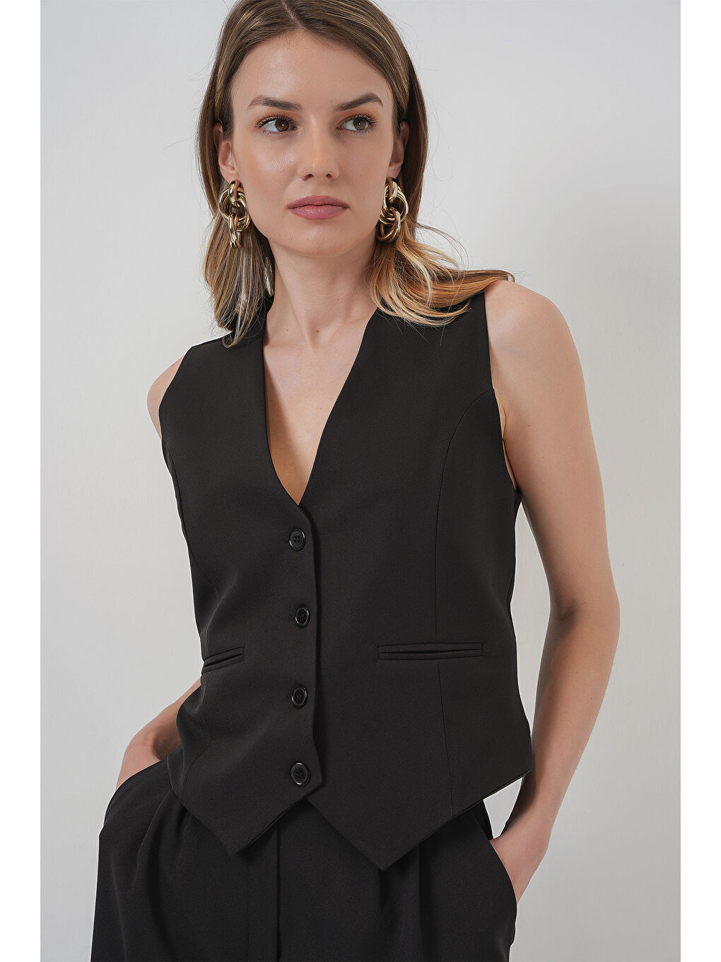 6709 Kadın Yelek Pantolon İkili Takım - Siyah-1