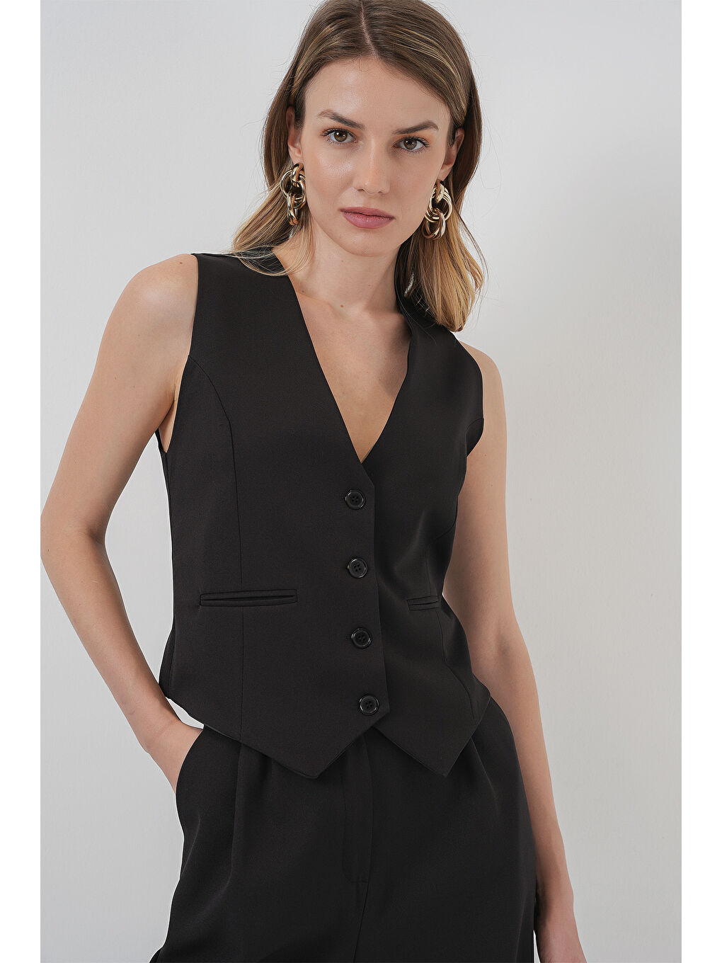 6709 Kadın Yelek Pantolon İkili Takım - Siyah-3