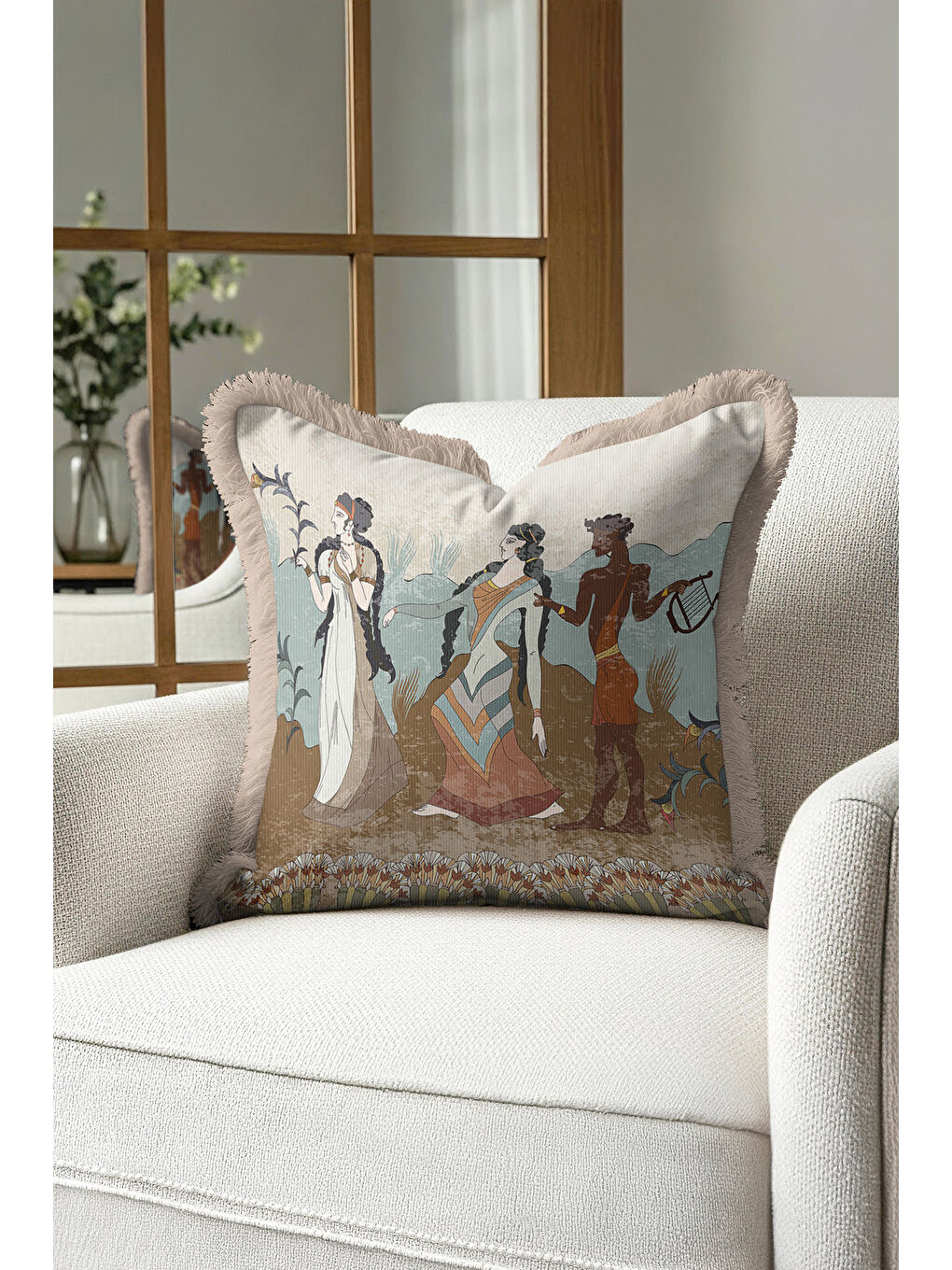 Karışık Mitolojik Figürlü Saçaklı Yastık Kılıfı - Antik Esintili Retro Bej Mavi Püsküllü Kırlent Kılıfı-1