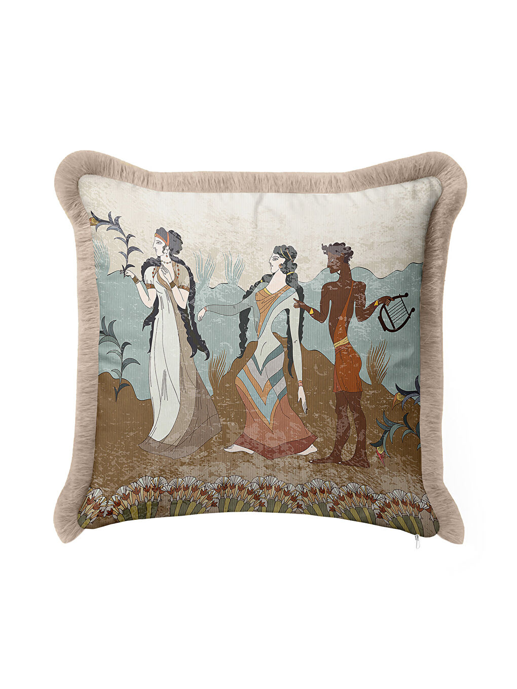 Karışık Mitolojik Figürlü Saçaklı Yastık Kılıfı - Antik Esintili Retro Bej Mavi Püsküllü Kırlent Kılıfı-2