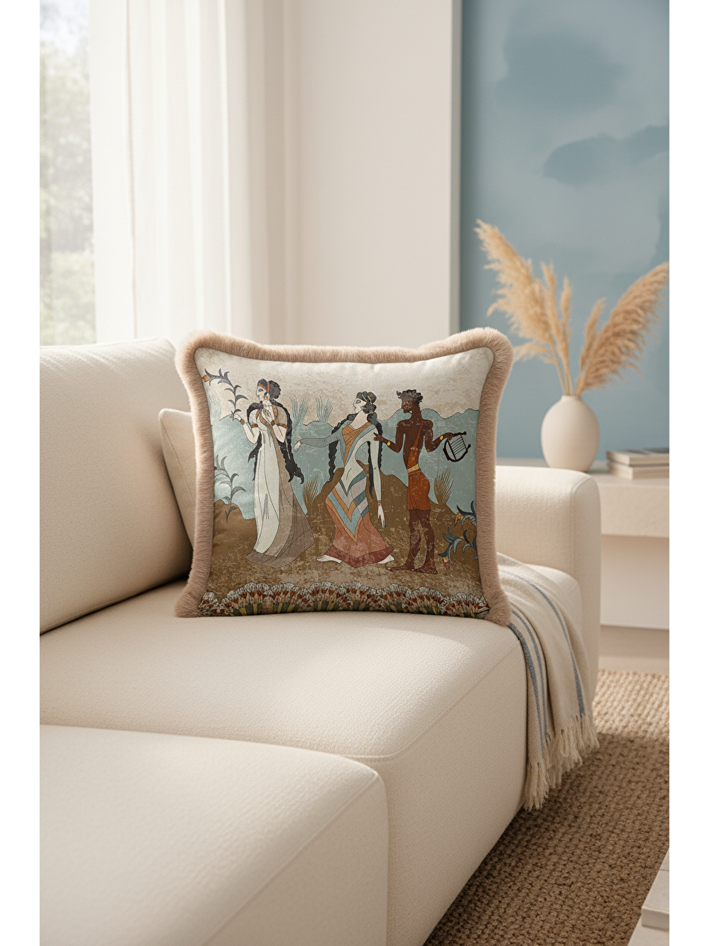 Karışık Mitolojik Figürlü Saçaklı Yastık Kılıfı - Antik Esintili Retro Bej Mavi Püsküllü Kırlent Kılıfı-3