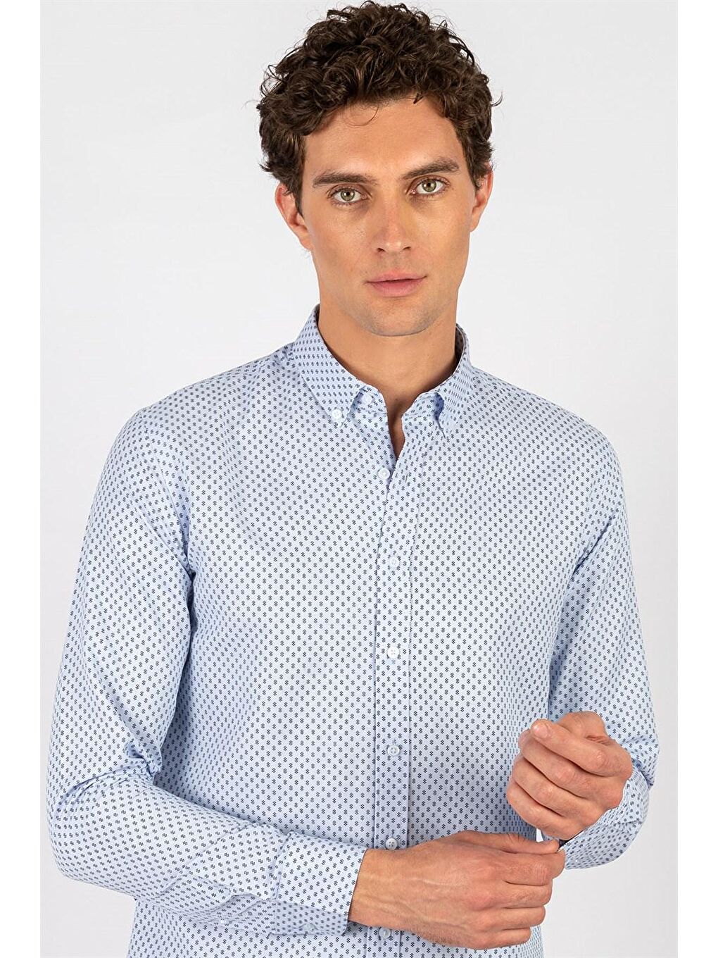 Slim Fit Pamuklu Kolay Ütü Desenli Erkek Mavi Gömlek