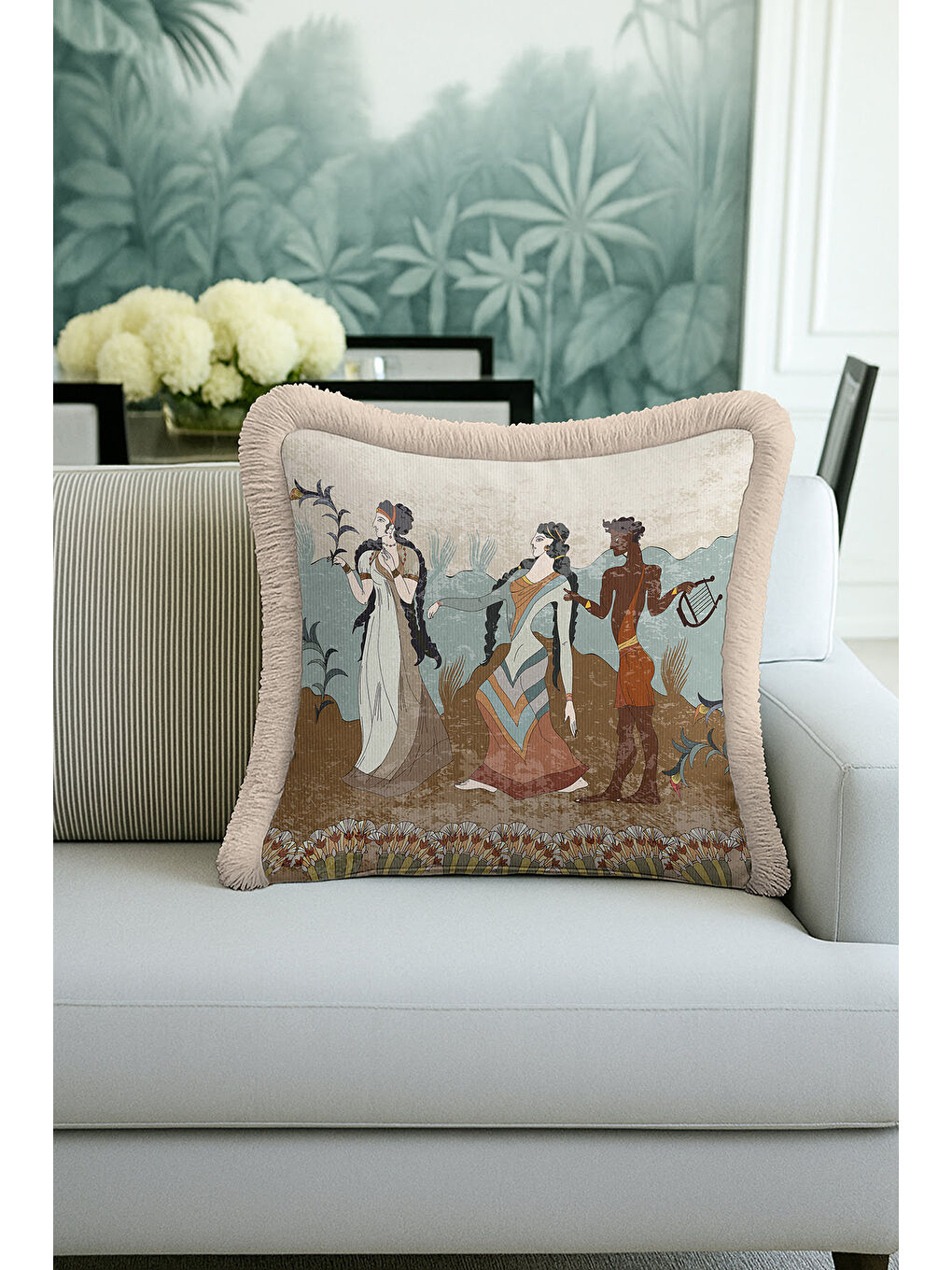 Karışık Mitolojik Figürlü Saçaklı Yastık Kılıfı - Antik Esintili Retro Bej Mavi Püsküllü Kırlent Kılıfı-4