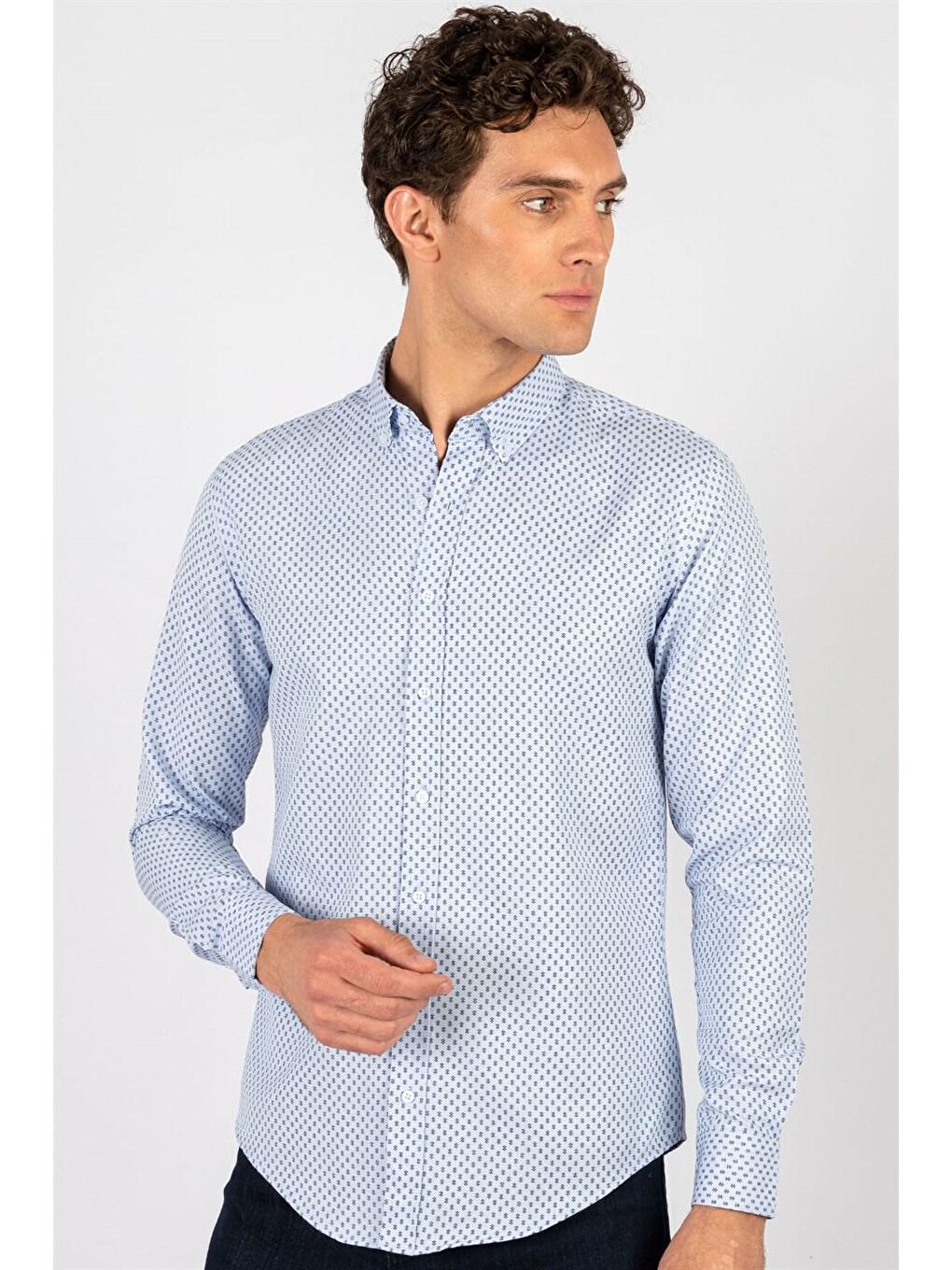 Slim Fit Pamuklu Kolay Ütü Desenli Erkek Mavi Gömlek-1