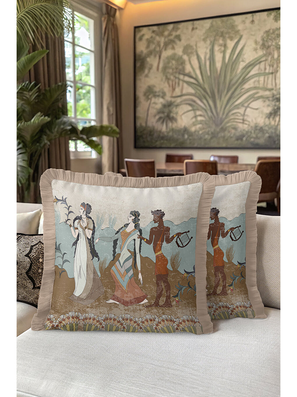 Karışık Mitolojik Figürlü Saçaklı Yastık Kılıfı - Antik Esintili Retro Bej Mavi Püsküllü Kırlent Kılıfı-5