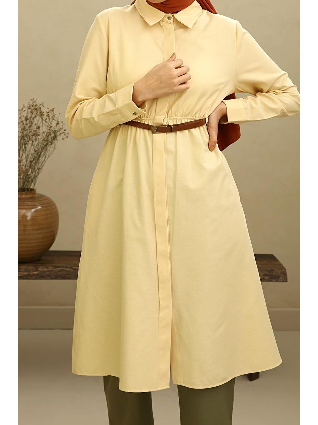 Açık Sarı01 Kemerli Gömlek Tunik