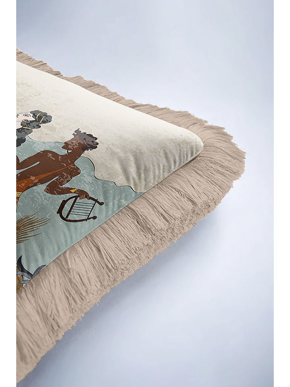 Karışık Mitolojik Figürlü Saçaklı Yastık Kılıfı - Antik Esintili Retro Bej Mavi Püsküllü Kırlent Kılıfı-6