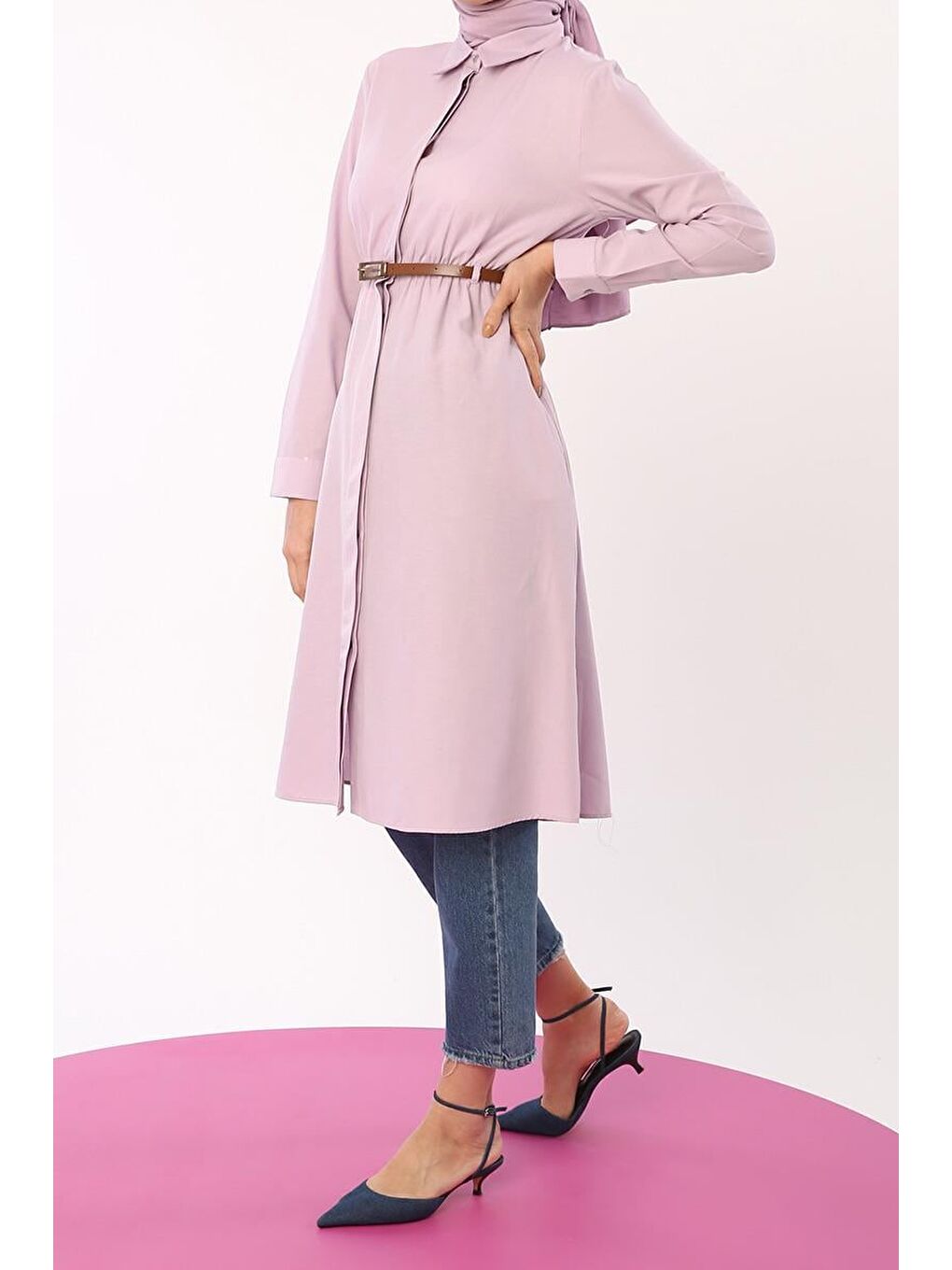 Lila-Kemerli Bel Lastikli Gömlek