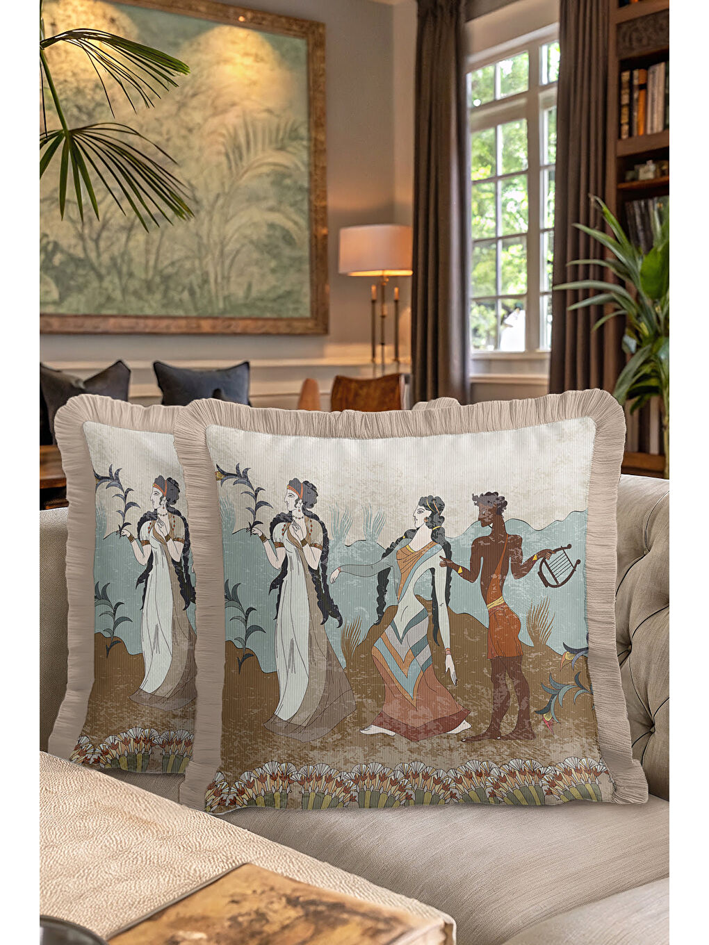 Karışık Mitolojik Figürlü Saçaklı Yastık Kılıfı - Antik Esintili Retro Bej Mavi Püsküllü Kırlent Kılıfı-7