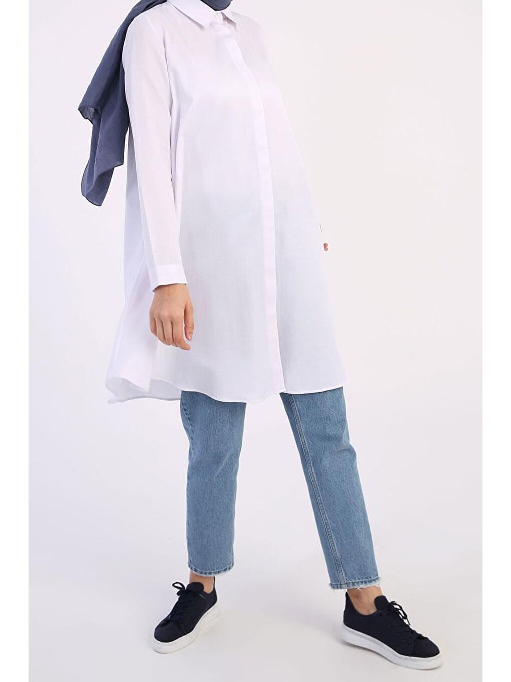 Beyaz Basic Kloş Gömlek Tunik-1