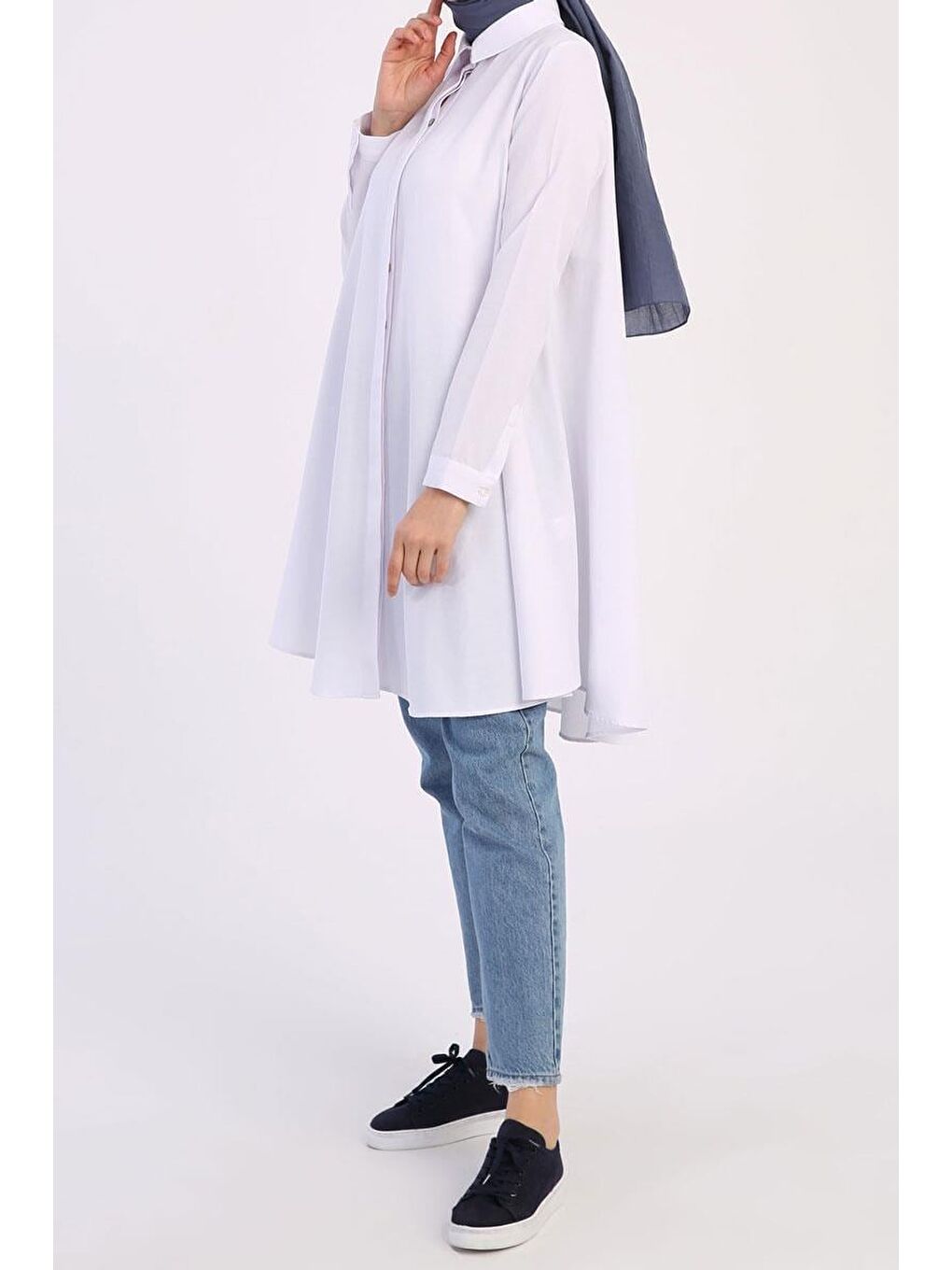 Beyaz Basic Kloş Gömlek Tunik-2