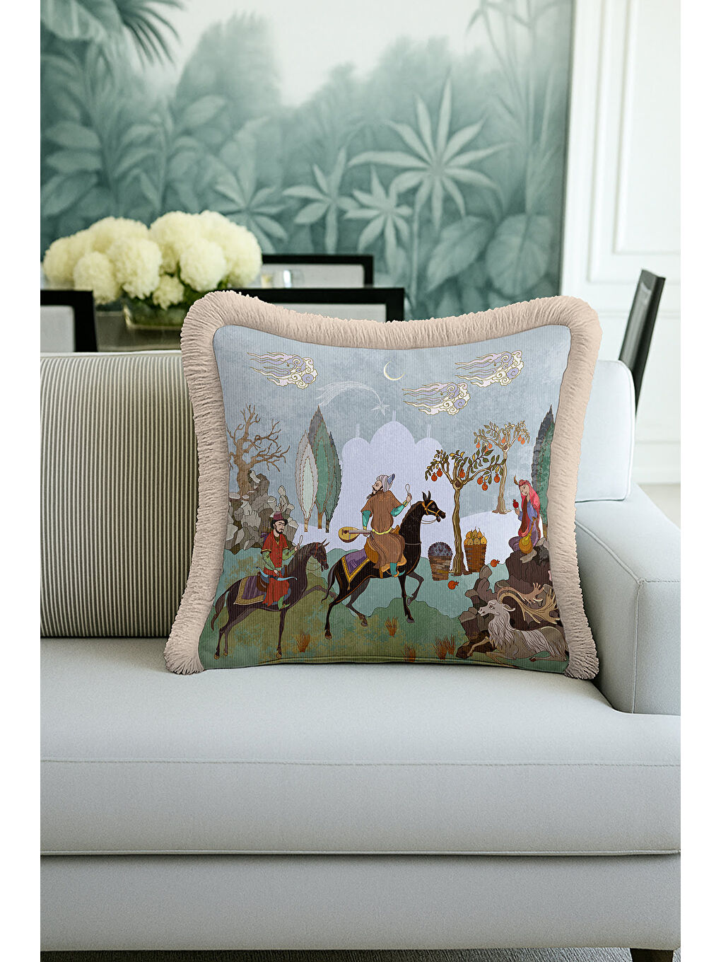 Karışık Persian Minyatür Saçaklı Yastık Kılıfı - Geleneksel Etnik Mavi Bej Püsküllü Kırlent Kılıfı-1