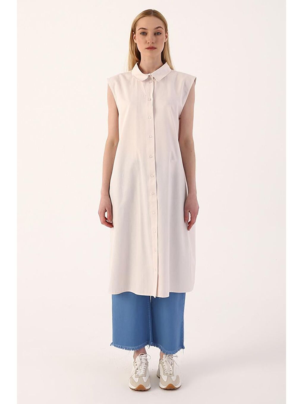 Açık Pembe Kolsuz Basic Uzun Gömlek Tunik