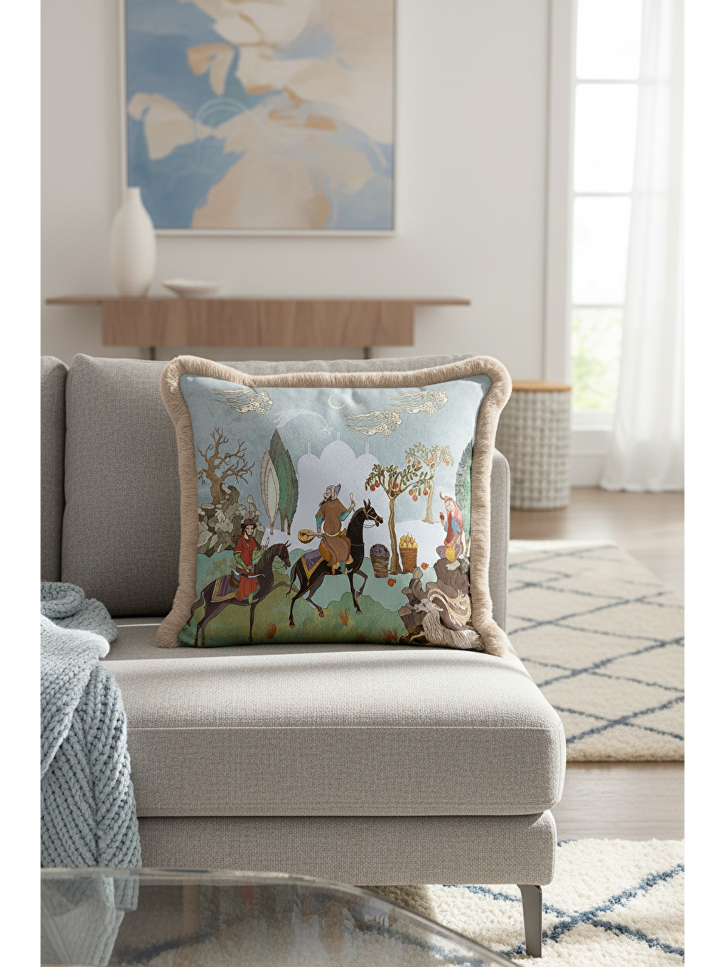 Karışık Persian Minyatür Saçaklı Yastık Kılıfı - Geleneksel Etnik Mavi Bej Püsküllü Kırlent Kılıfı-2