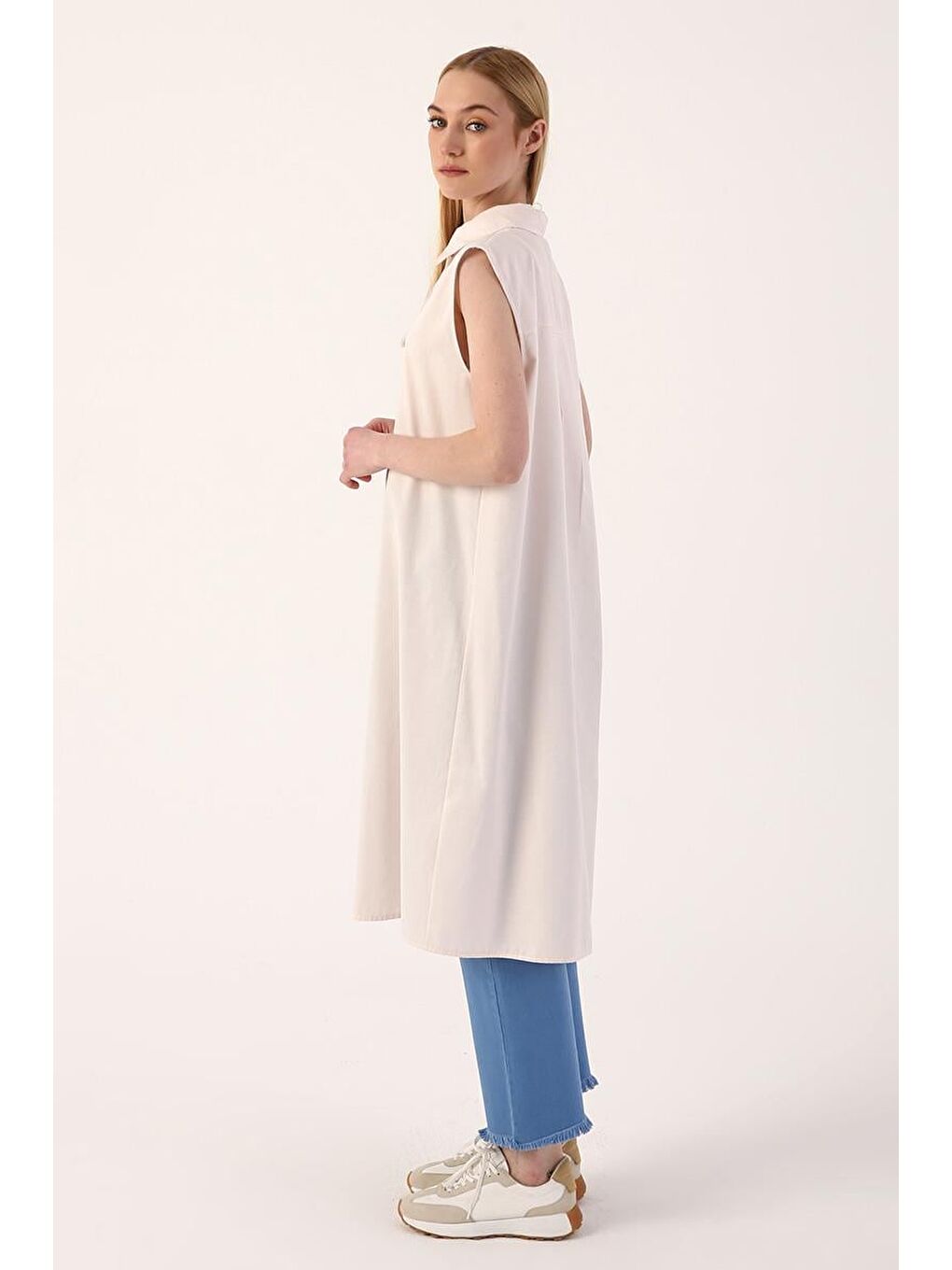 Açık Pembe Kolsuz Basic Uzun Gömlek Tunik-1
