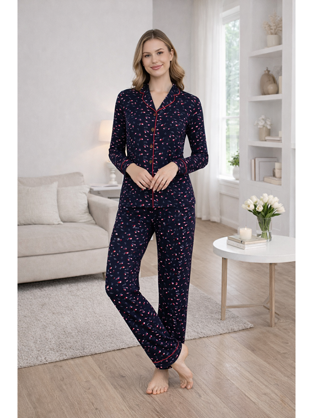 Lacivert PREMIUM Kadın Viskon Gömlek Yaka Boydan Düğmeli Biyeli Yüksek Kalite Uzun Kollu Pijama Takımı-3