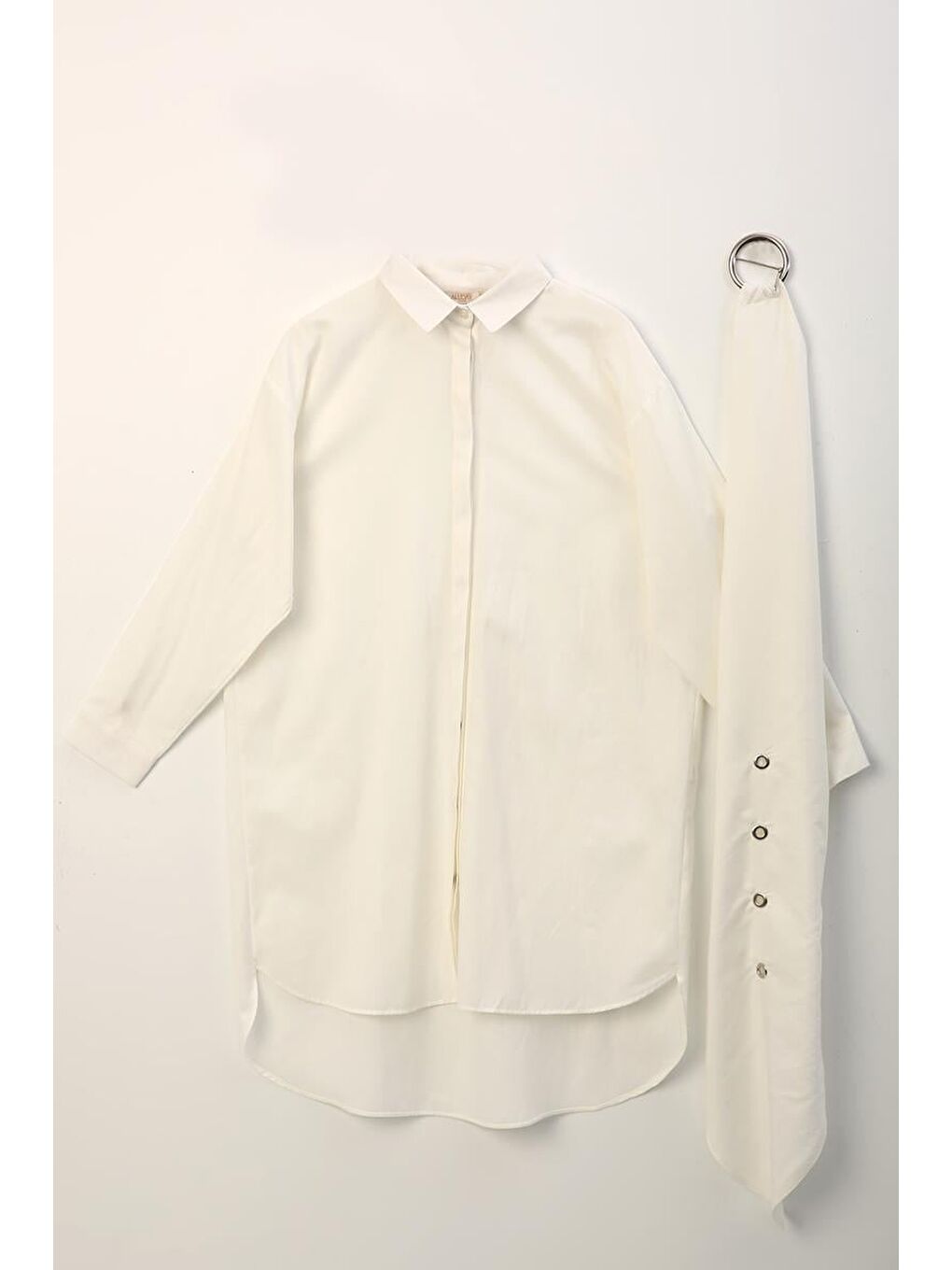 Ekru-Kuşaklı Rahat Kalıp Gömlek-4