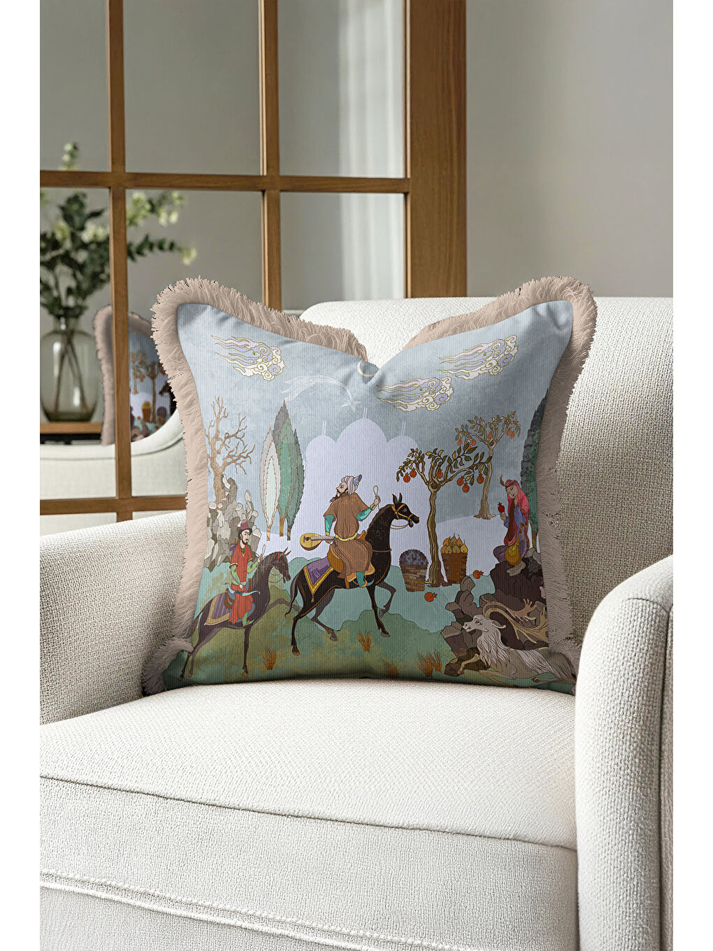 Karışık Persian Minyatür Saçaklı Yastık Kılıfı - Geleneksel Etnik Mavi Bej Püsküllü Kırlent Kılıfı-3