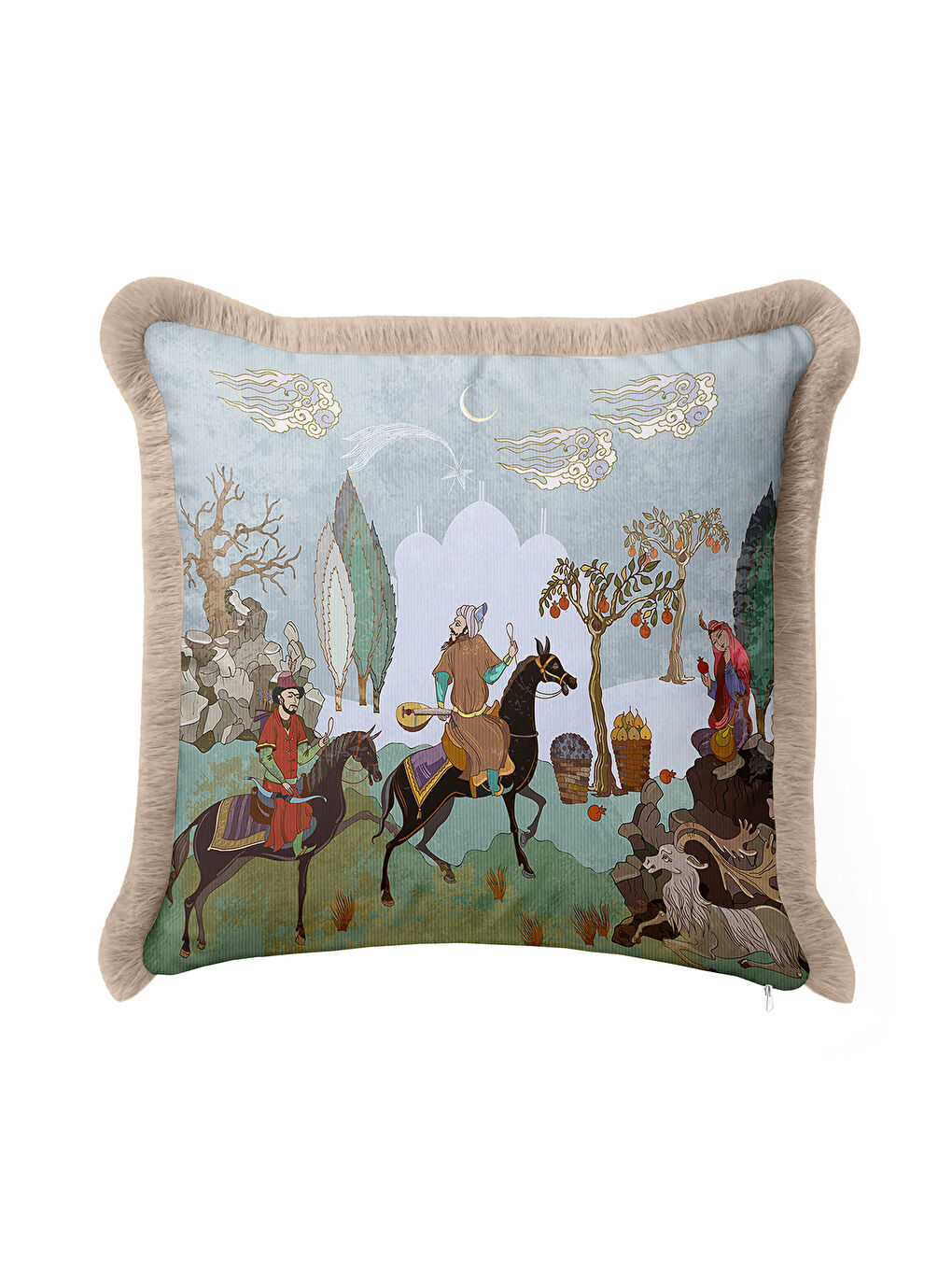 Karışık Persian Minyatür Saçaklı Yastık Kılıfı - Geleneksel Etnik Mavi Bej Püsküllü Kırlent Kılıfı-4