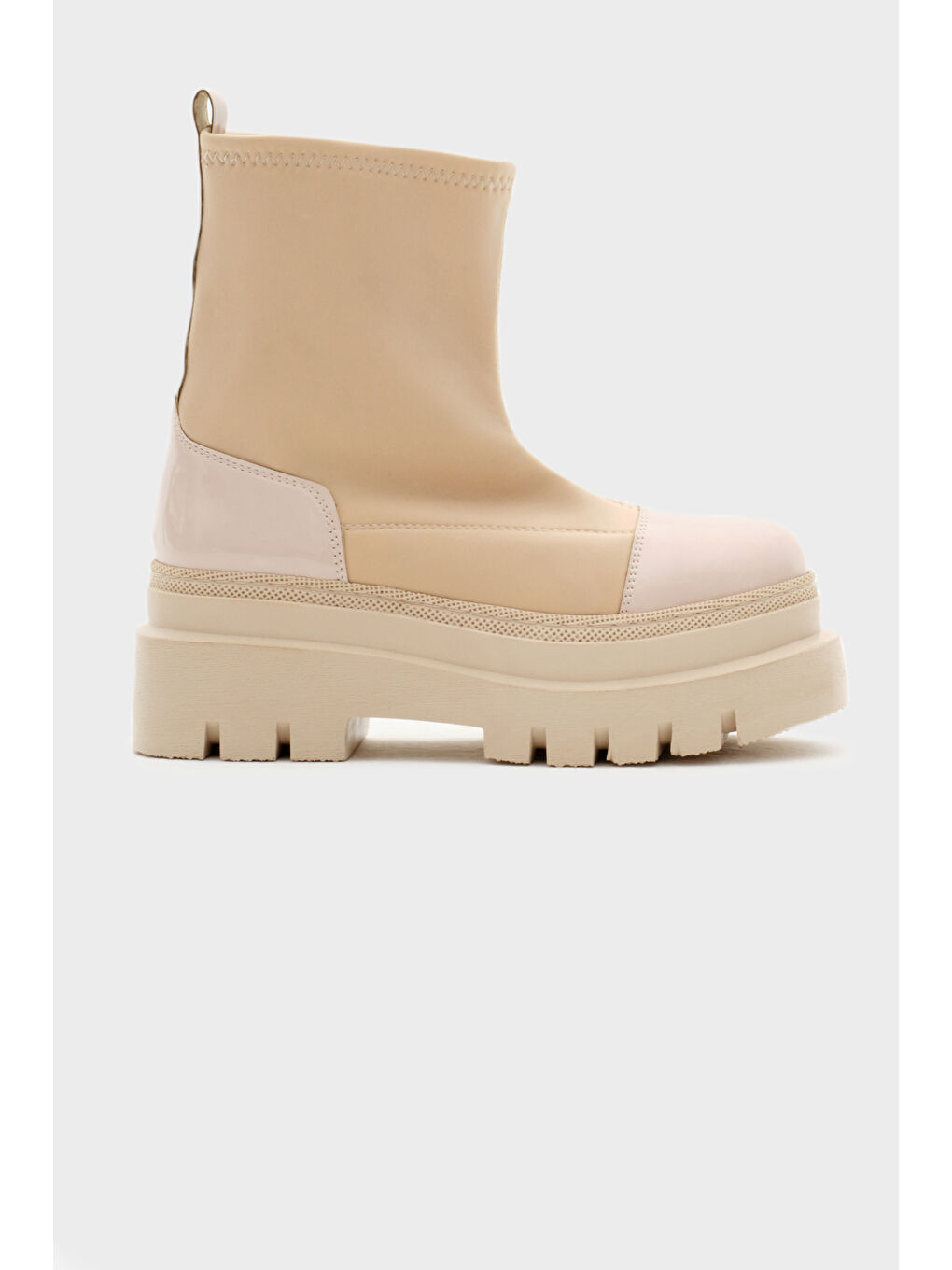 Kadın Bej Rugan Rahat Kalıp Yüksek Taban Streç Çorap Bot