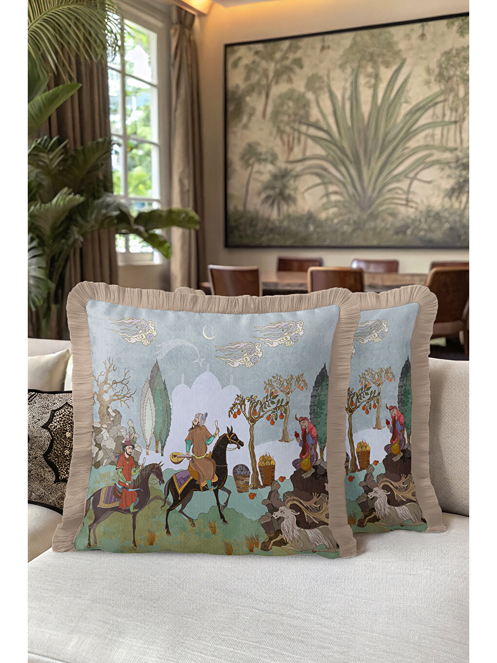 Karışık Persian Minyatür Saçaklı Yastık Kılıfı - Geleneksel Etnik Mavi Bej Püsküllü Kırlent Kılıfı-5