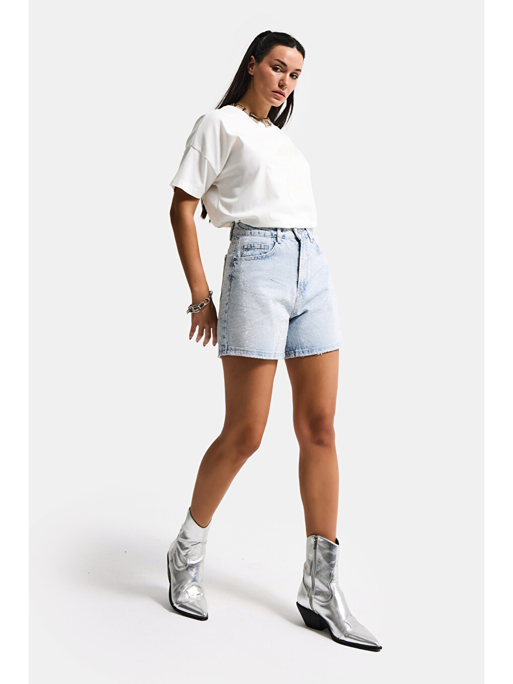 Mavi Kadın Ice T1-4s6-3 Mom Fit Parlak Taşlı Yıldız Baskılı Özel Tasarım Denim Şort-1